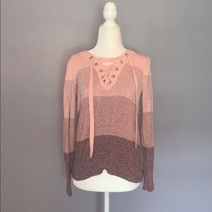 Tri color lace up sweater